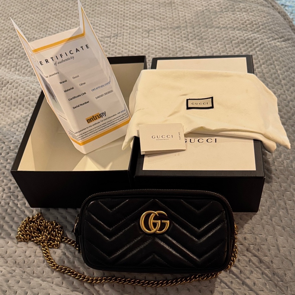 Gucci Marmont rare three zip Black Chevron Crossbody Bag with Gold Accents